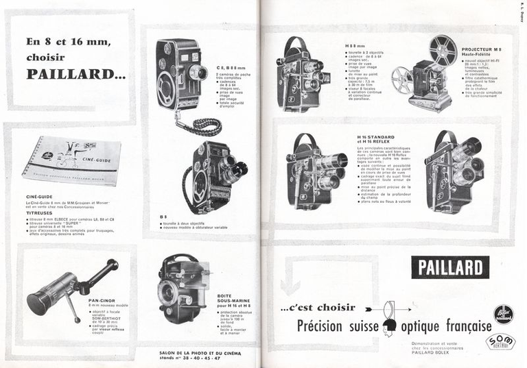 Caméras Paillard-Bolex 8 mm B8, C8, H8 et 16 mm H16 Standard, H16 Reflex - Pan-Cinor SOM Berthiot - Projecteur 8 mm M8 - Boîte sous-marine - Ciné-Guide - Titreuses ELBECE, SUPER - 1958