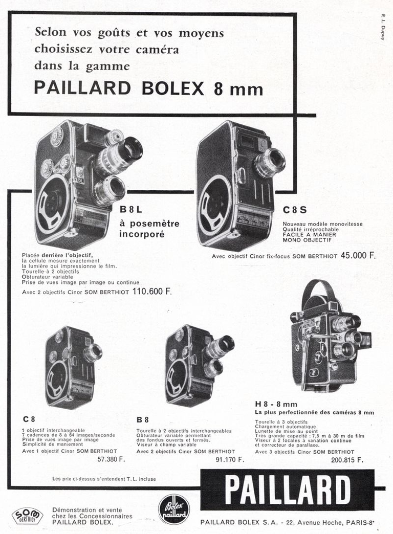 Caméras Paillard-Bolex 8 mm B8L, C8S, C8, B8, H8 - 1959