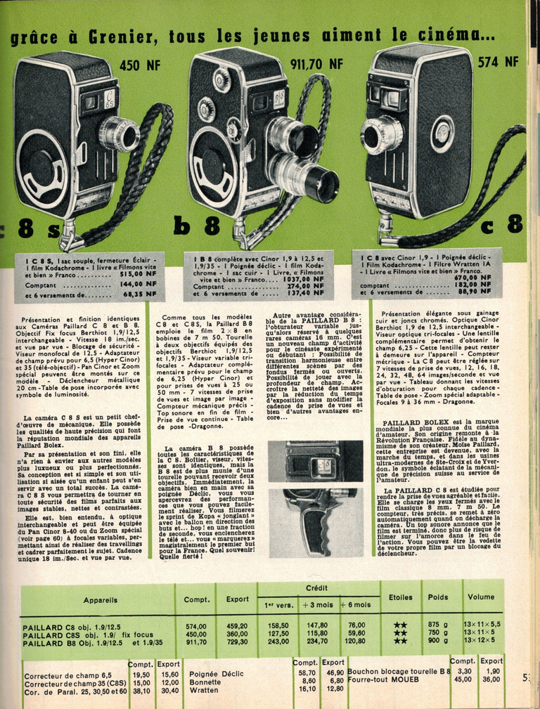 Paillard Bolex 8S, B8, C8 - Catalogue Grenier 1960
