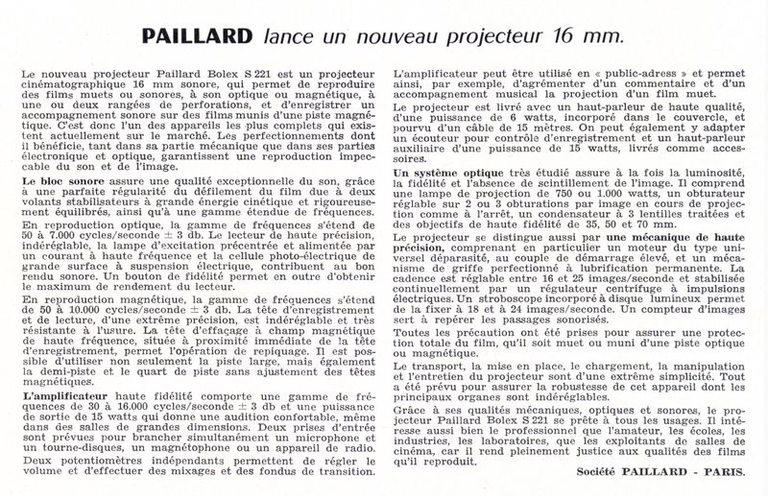 Article Projecteur Paillard-Bolex 16 mm S 221 - 1960
