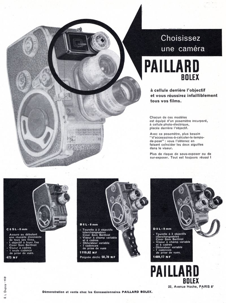 Caméras Paillard-Bolex 8 mm C8SL, B8L, D8L - 1960