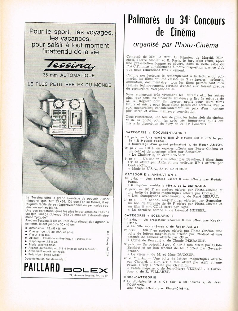 Appareil photo Tessina distribution Paillard-Bolex - mai 1965 - Photo-Cinéma