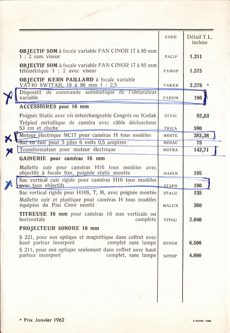 1961 - Tarif Paillard 'N' - verso