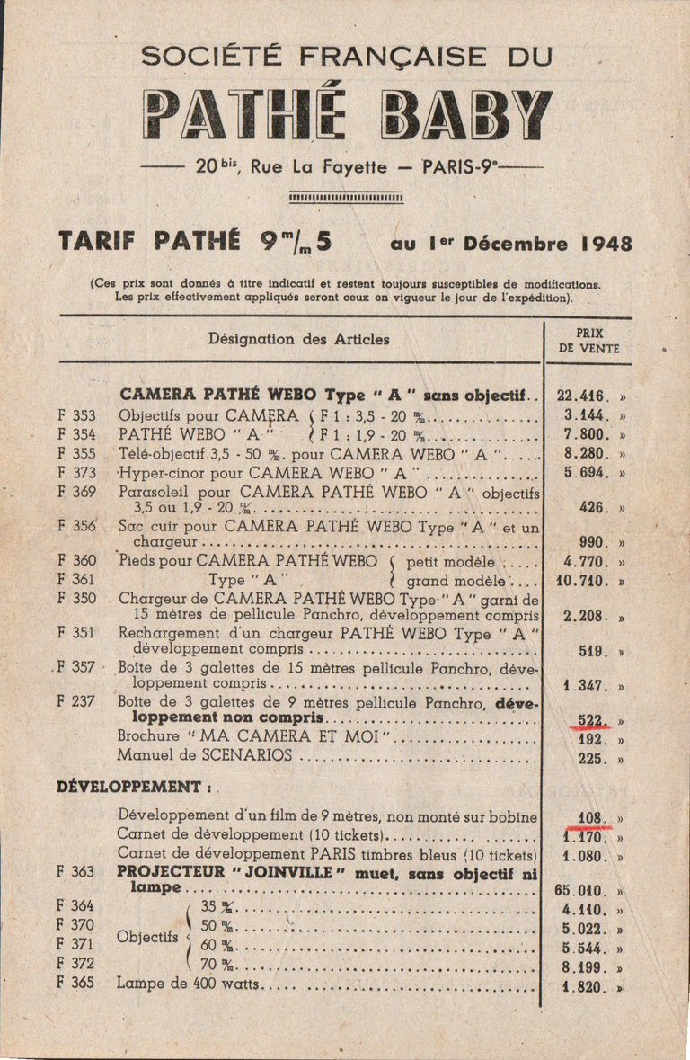 Tarif Pathé-Baby 1er décembre 1948 - recto