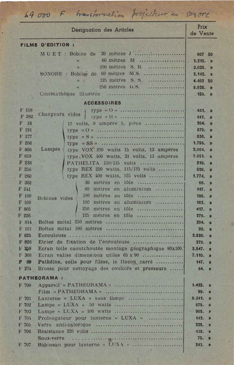 S.F.P.B. - Tarif Pathé 9,5 mm - 15 mars 1949 - verso