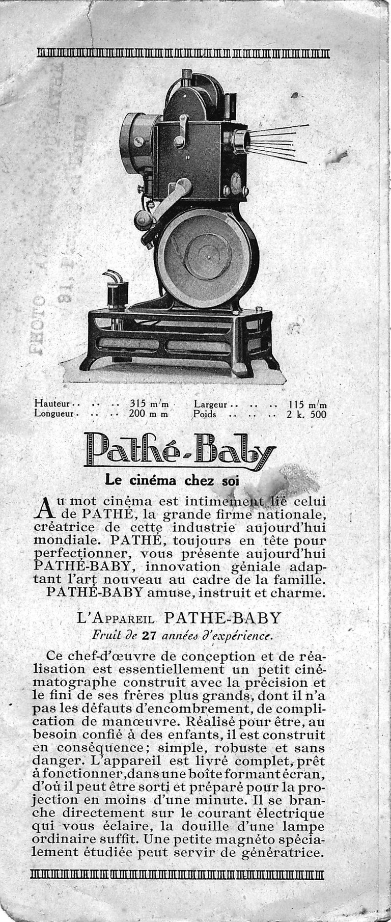 Dépliant Pathé-Baby - 1922 - 6 pages