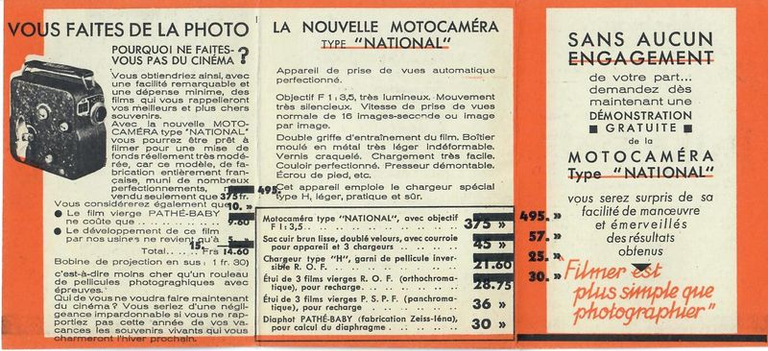 Dépliant Pathé-Baby - Motocaméra National - 1938 - verso