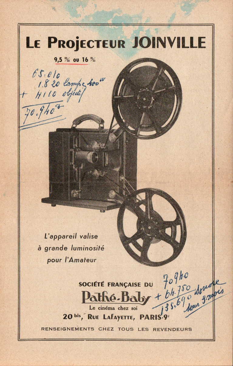 Feuillet Projecteur Joinville 9,5 mm ou 16 mm recto