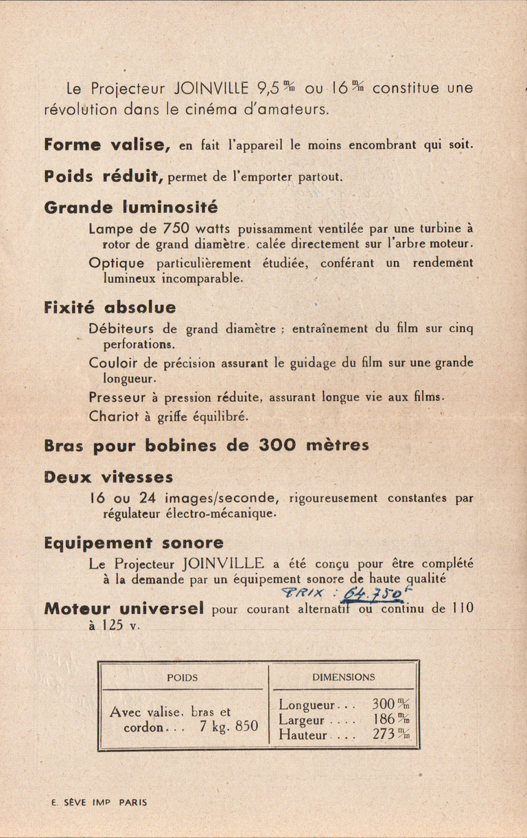 Feuillet Projecteur Joinville 9,5 mm ou 16 mm verso