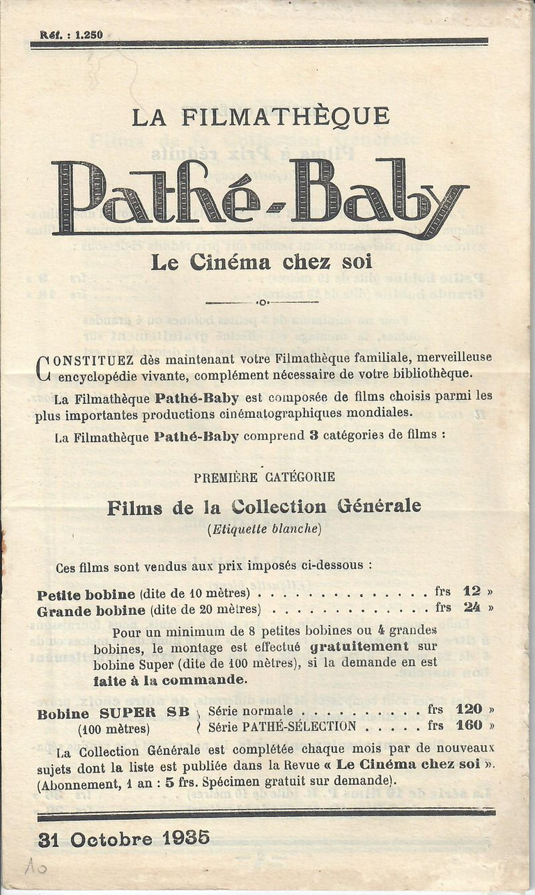Filmathèque Pathé-Baby - octobre 1935 - 24 pages - Ref 1250