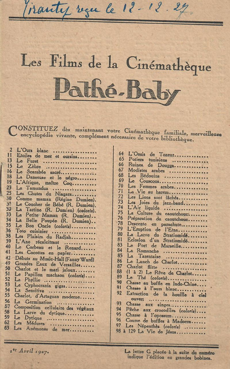 Les films de la Cinémathèque Pathé-Baby - avril 1927 - 10 pages