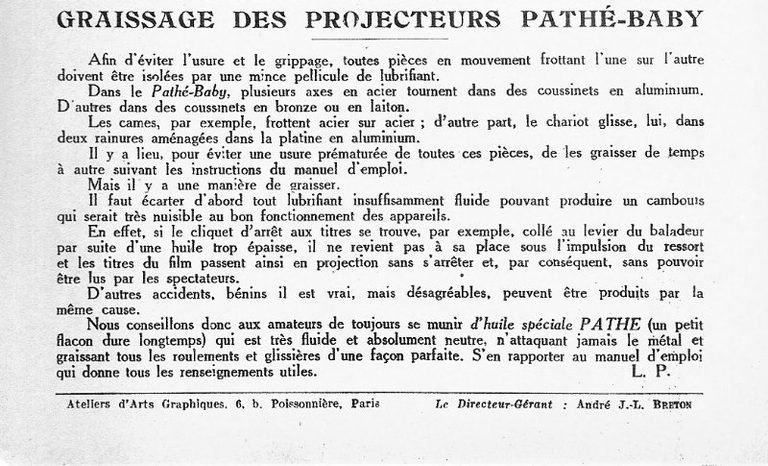 Graissage des projecteurs Pathé-Baby - juin-juuillet 1927 - Le Cinéma Chez Soi