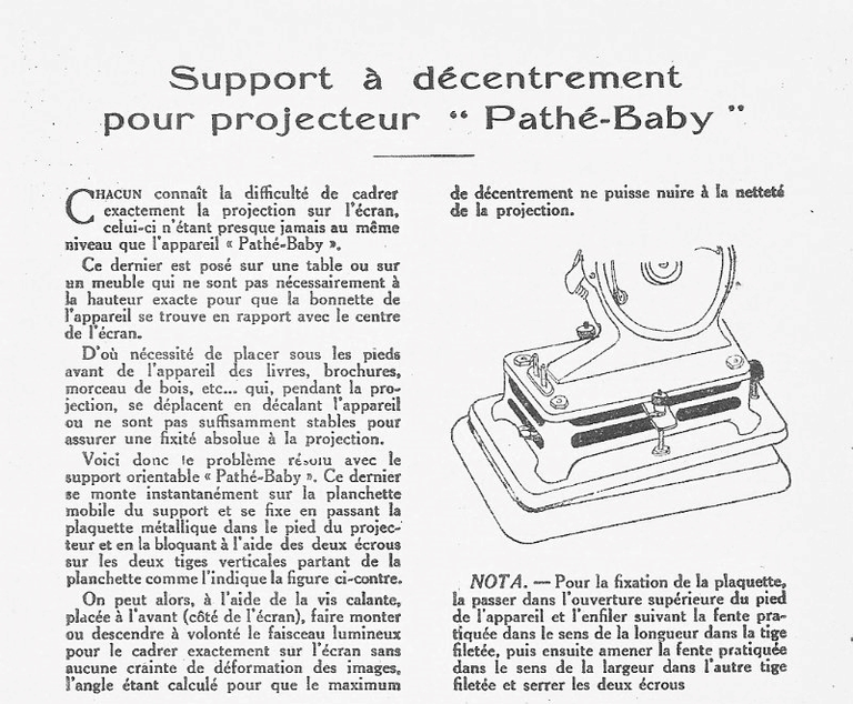 Support à décentrement pour projecteur Pathé-Baby - mars 1928 - Le Cinéma Chez Soi