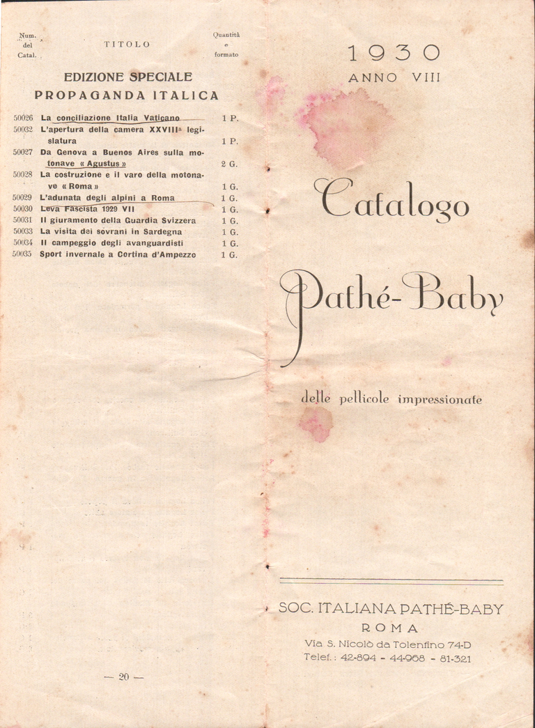 Catalogue Pathé-Baby italien - 1930