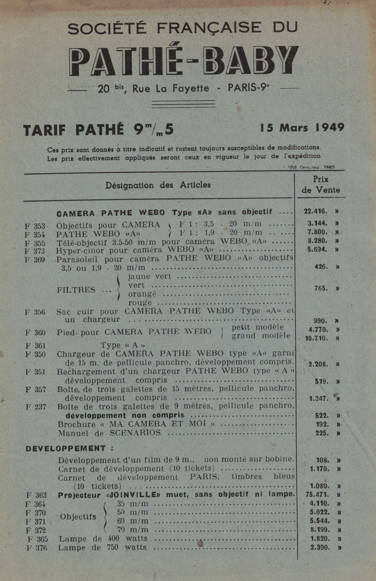 Tarif Pathé 9,5 mm - Caméra Webo A, développement - 15 mars 1949 - recto