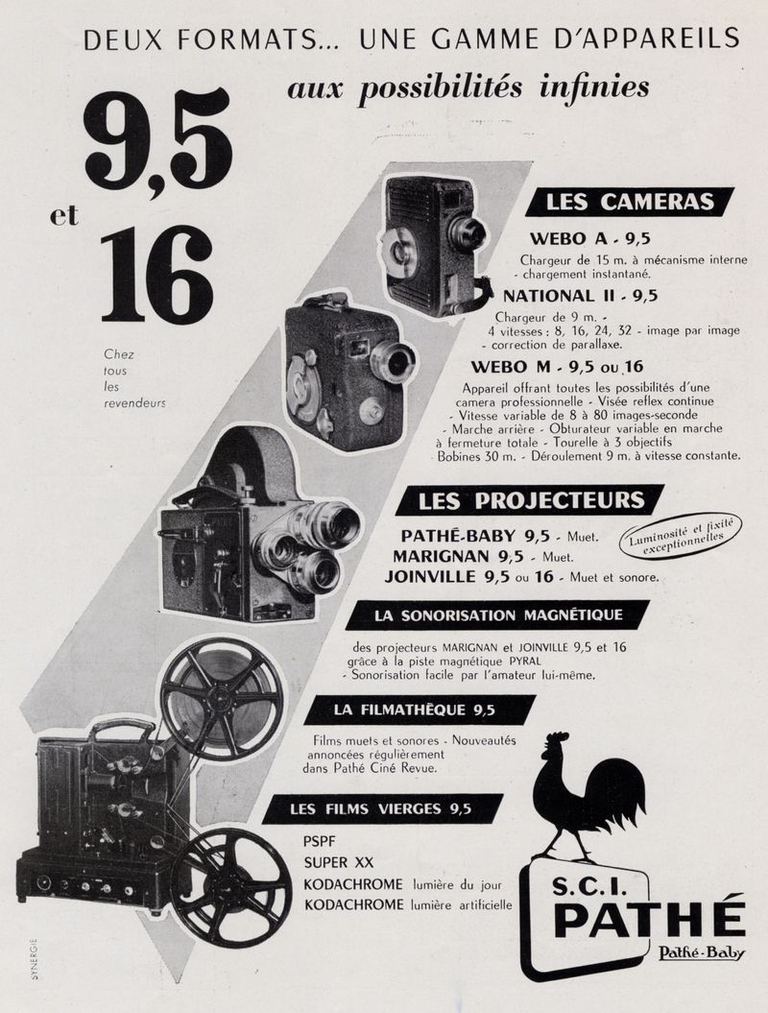 Caméras Pathé Webo A 9,5 mm, National II 9,5 mm, Webo M 9,5 mm ou 16 mm - Projecteurs Pathé-Baby 9,5, Marignan 9,5 muet, Joinville 9,5 mm ou 16 mm muet et sonore - Filmathèque 9,5 - Films 9,5 mm P.S.P.F., Super XX, Kodachrome - 1952