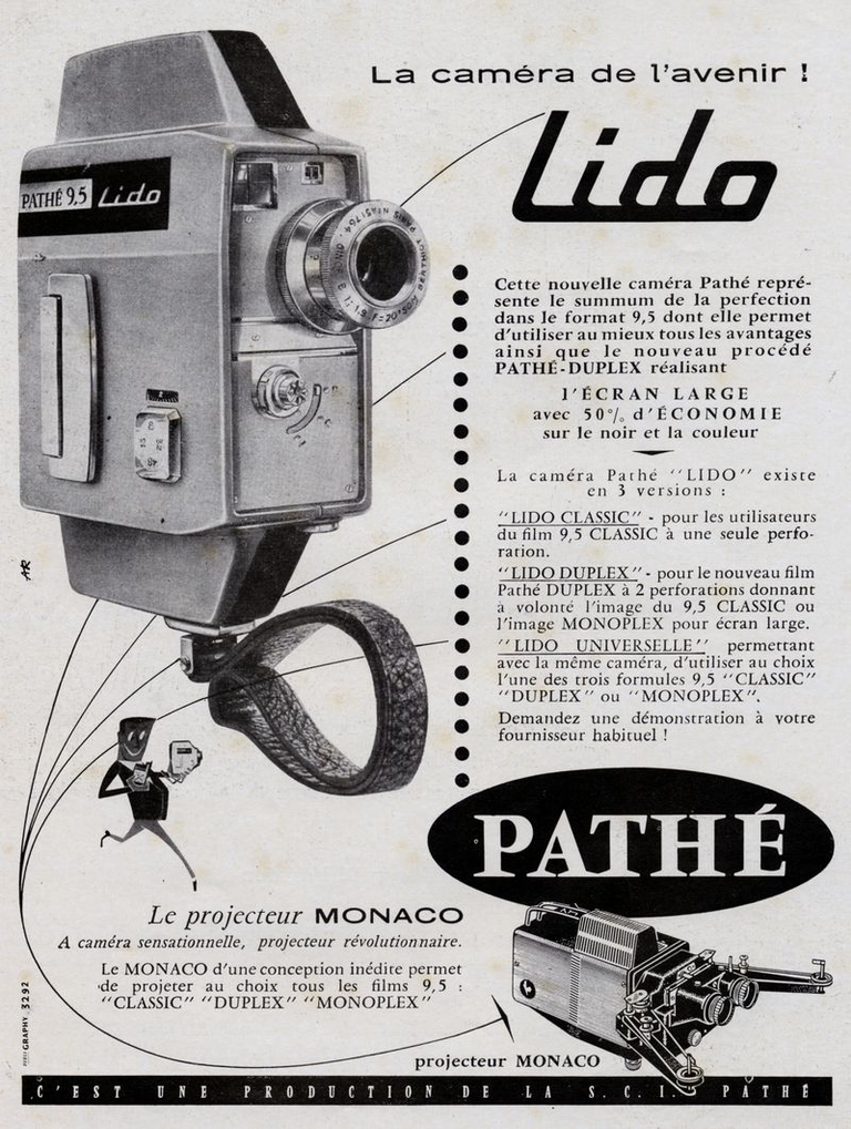 Caméras Pathé Lido Classic 9,5, Lido Duplex 9,5 image Classic ou Monoplex, Lido Universelle 9,5 image Classic, Duplex ou Monoplex - avril 1956 - Photo-Cinéma