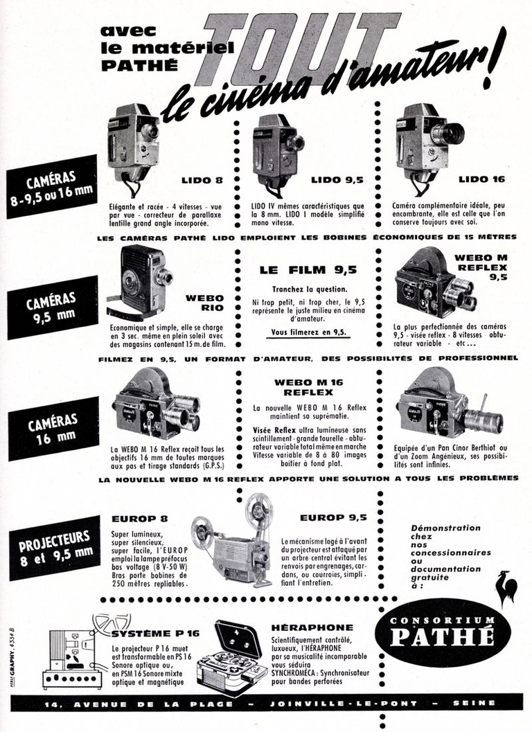 Caméras Pathé Lido 8 mm, 9,5 et 16 mm, Lido IV 9,5, Webo Rio 9,5, Webo M Reflex 9,5 et 16 mm - Projecteur europ 8 mm,  europ 9,5, P16 muet 16 mm, PS16 sonore optique 16 mm, PSM16 sonore optique et magnétique 16 mm - Synchroméca - Magnétophone Héraphone - mars 1960 - Photo-Cinéma