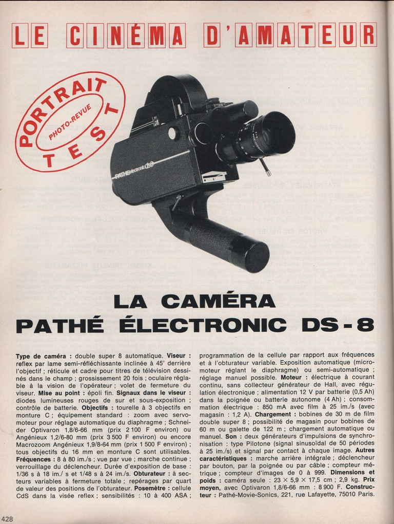Article - Caméras Pathé electronic Duolight DS 8 - septembre 1975 - Photo-Revue page 1