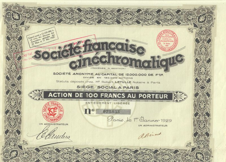 Société française Cinéchromatique - Action - 1er janvier 1929