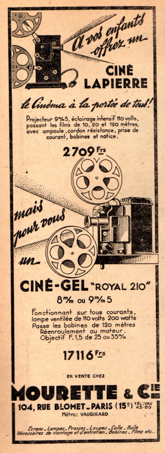Publicité Lapierre-Cinéma Type J1 9,5 mm parue dans Photo-Cinéma décembre 1947