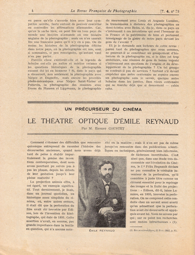 Le théâtre optique d'Emile Reynaud - La revue française de photographie n°73 - 01 janvier 1923 - page 1
