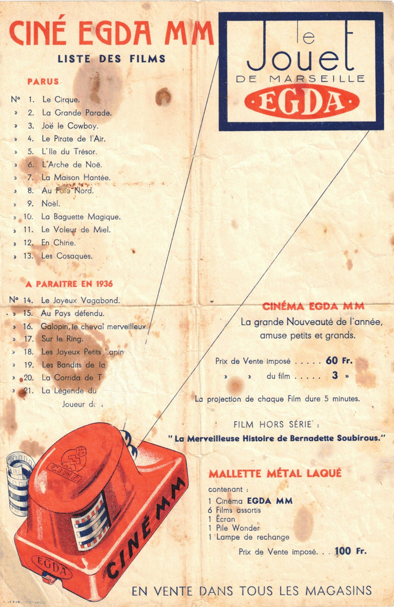 Catalogue EGDA, une page unique : Liste des films parus et à paraître en 1936, Cinéma  EGDA MM, mallette métal laqué