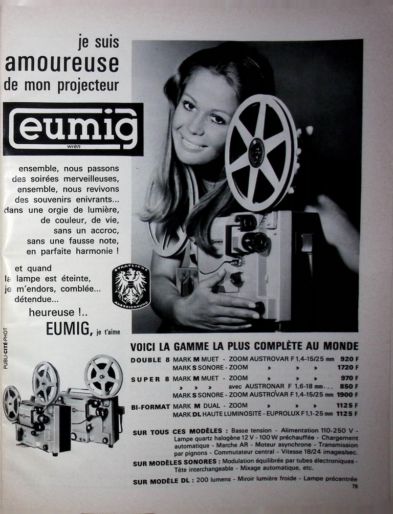 Eumig - Projecteurs Mark M muet 8 mm ou Super 8, Mark S sonore 8 mm ou Super 8, Mark M Dual 8 mm et Super 8, Mark DL 8 mm et Super 8 - Photo - octobre 1967