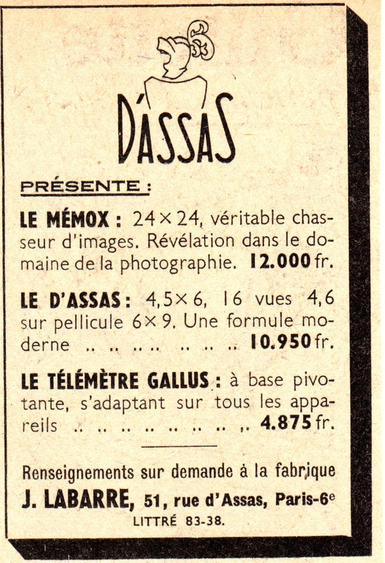 Alsaphot - Le Memox 24 x 24, Le D'Assas 4,5 x 6, Télémètre Gallus - Photo-Cinéma - juin 1946