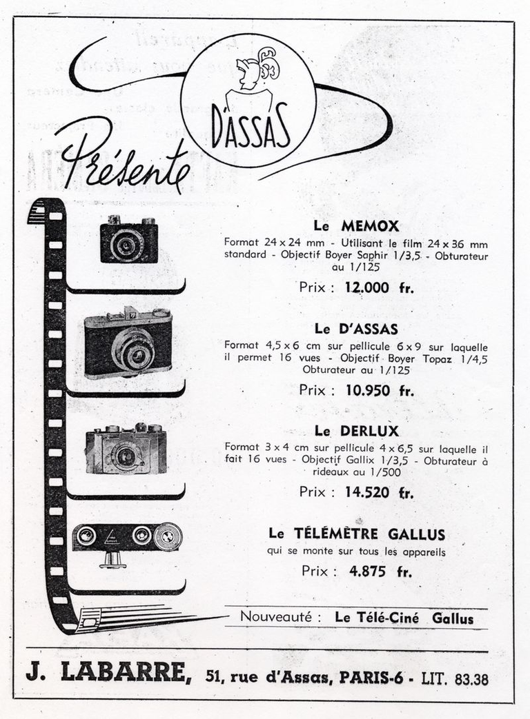 Alsaphot - Le Memox 24 x 24, le D'Assas 4,5 x 6, le Derlux 3 x 4, Télémètre Gallus, Télé-Ciné Gallus - avril 1949