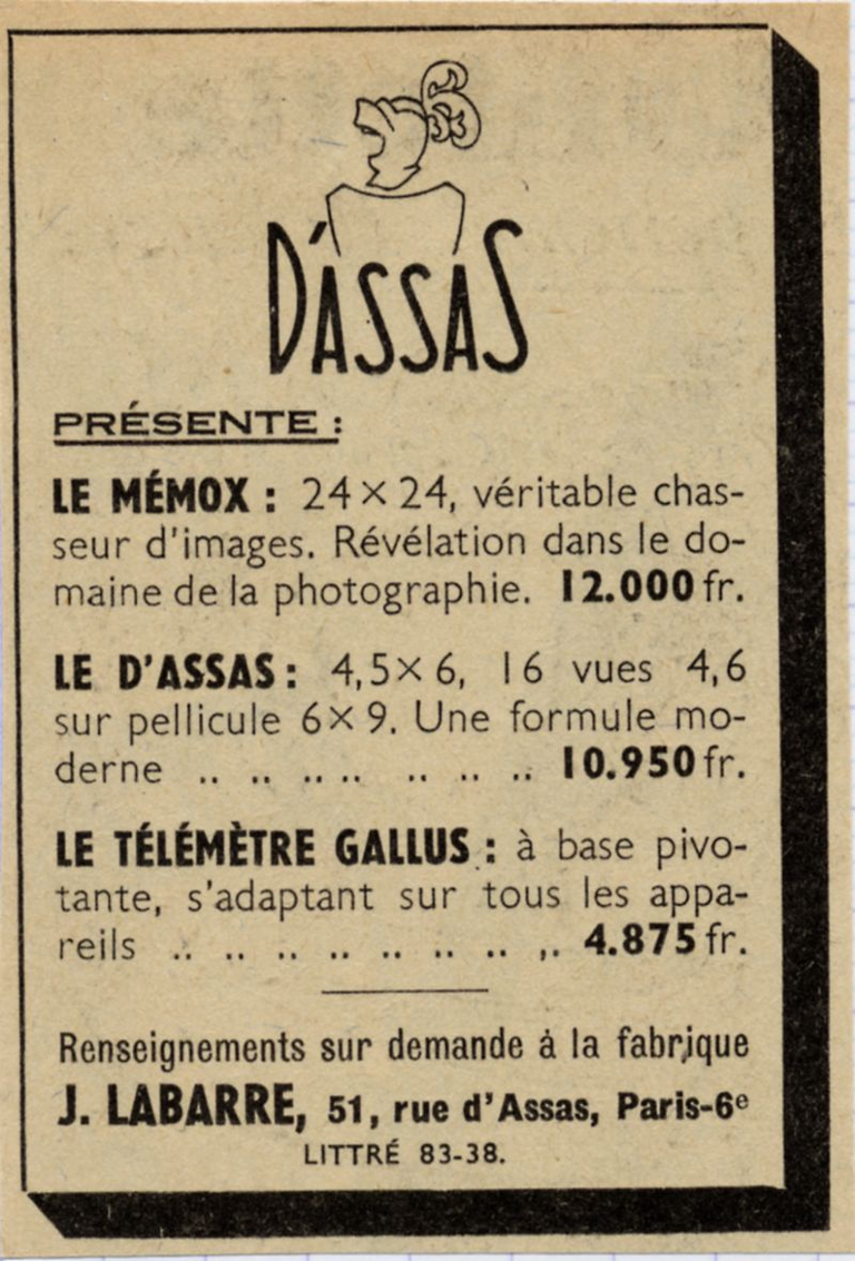 Alsaphot - Le Memox 24 x 24, le D'Assas 4,5 x 6, Télémètre Gallus - 1949