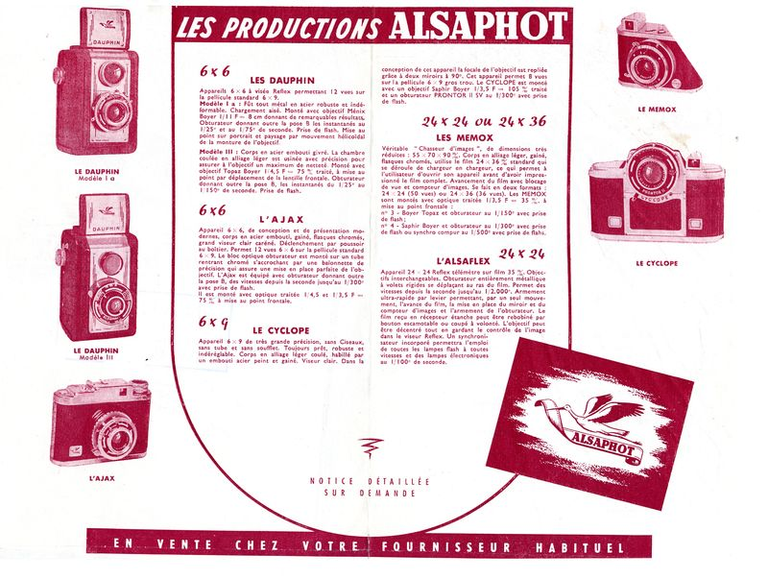 Alsaphot - Les Dauphin 6 x 6, L'Ajax 6 x 6, Le Cyclope 6 x 9, Les Memox 24 x 24 ou 24 x 36, l'Alsaflex 24 x 24 - 1951