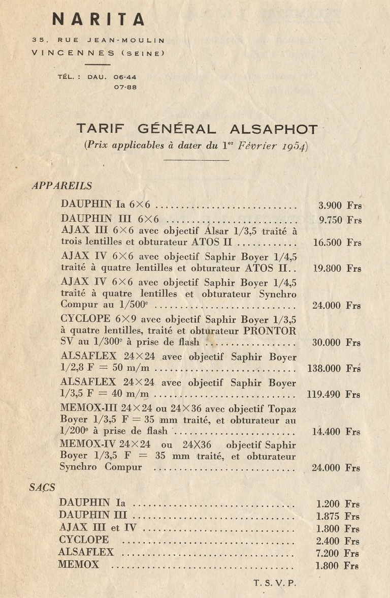 Alsaphot - Tarif Narita - Le Dauphin Ia, Le Dauphin III, L'Ajax III, L'Ajax IV, Le Cyclope, l'Alsaflex, Le Memox III, Le Memox IV - 1er février 1954