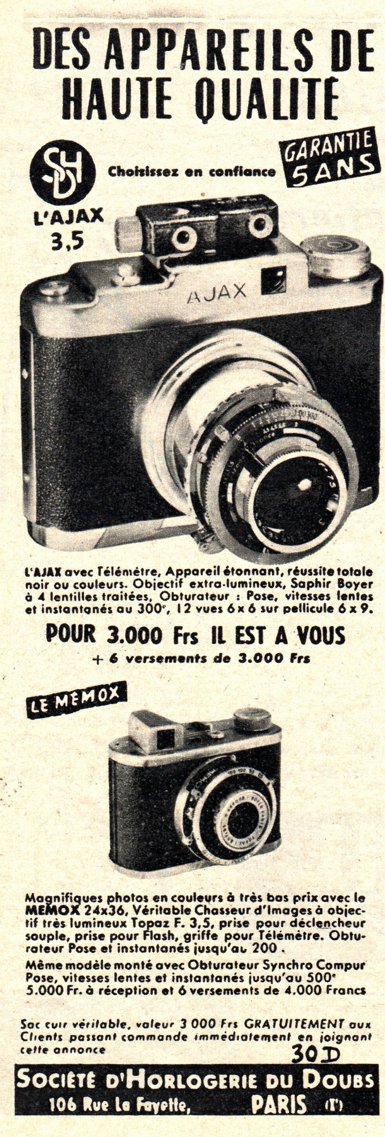 Alsaphot - L'Ajax 3,5 SHD, Le Télémètre Major, Le Memox 24 x 36 - juillet 1957 - Sciences & Vie