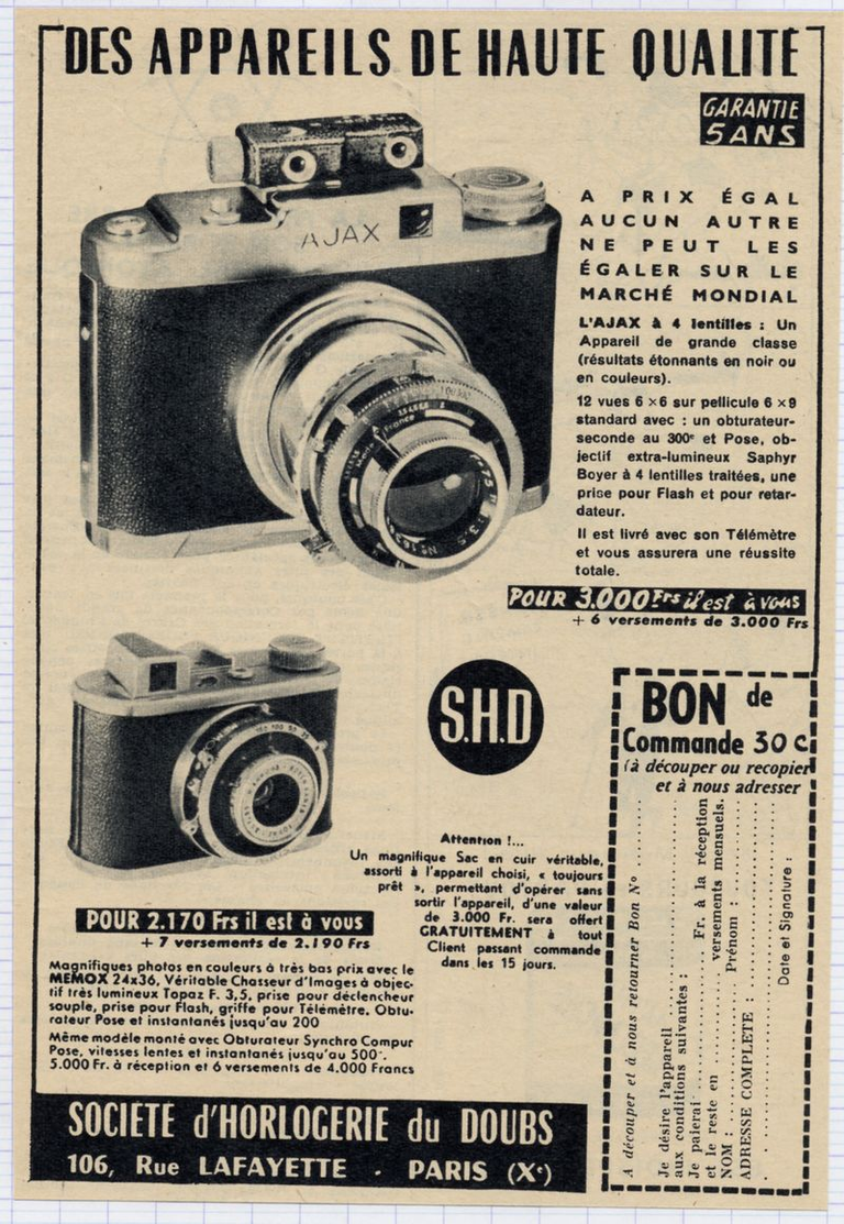 Alsaphot - L'Ajax SHD, Le Télémètre Major, Le Memox 24 x 36 - 1957