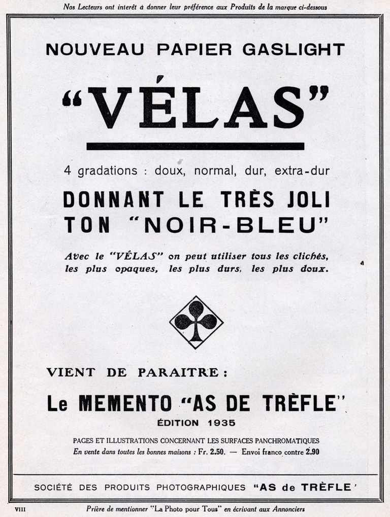 As de Trèfle - Papier photographique Vélas, Mémento - 1935