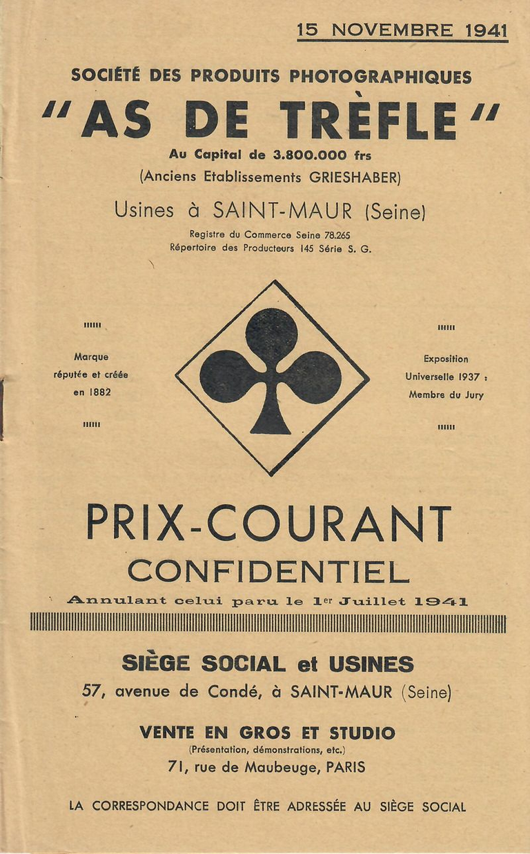 As de Trèfle - Prix-courant - 15 novembre 1941