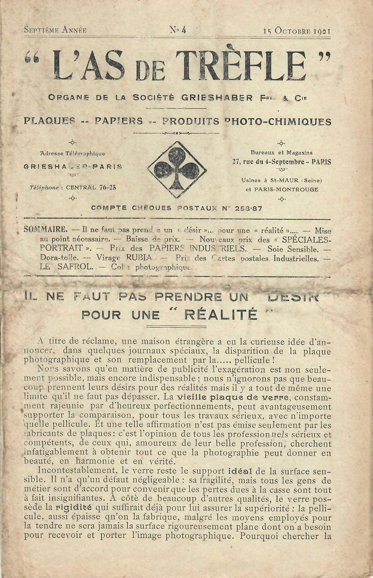 L'As de Trèfle - 7e année - n°4 - 15 octobre 1921