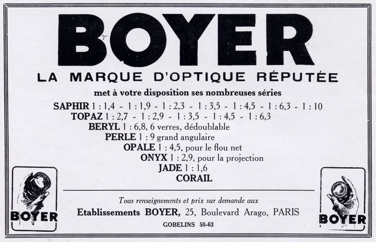 Boyer - objectifs Saphir, Topaz, Beryl, Perle, Opale, Onyx, Jade, Corail - 1939