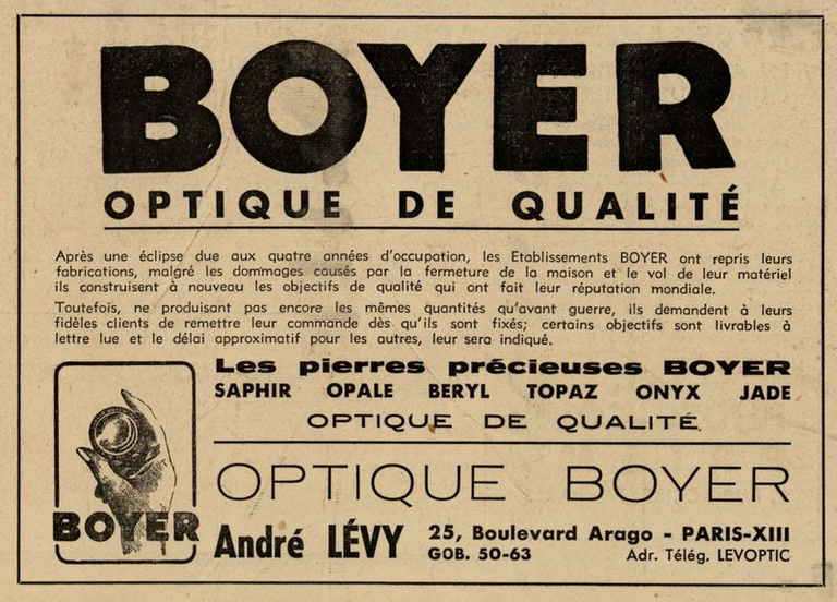 Boyer - objectifs Saphir, Opale, Beryl, Topaz, Onyx, Jade - mars 1946 - Photo Cinéma