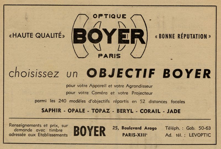 Boyer - objectifs Saphir, Opale, Topaz, Beryl, Corail, Jade - 1949