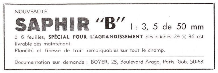 Boyer - objectifs Saphir B - 1950