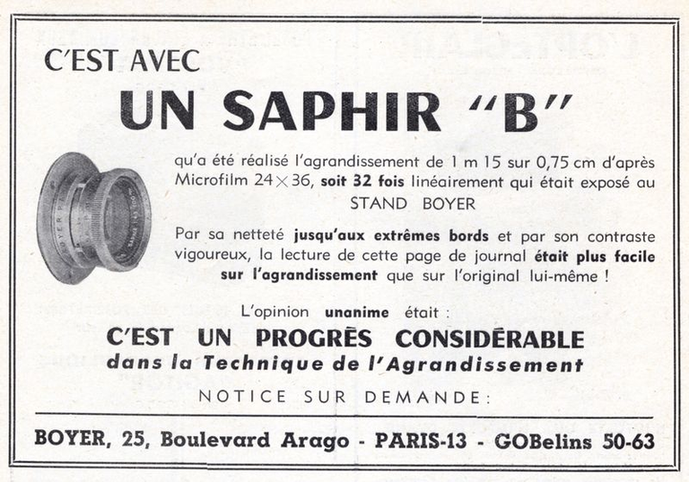 Boyer - objectifs Saphir B - 1951