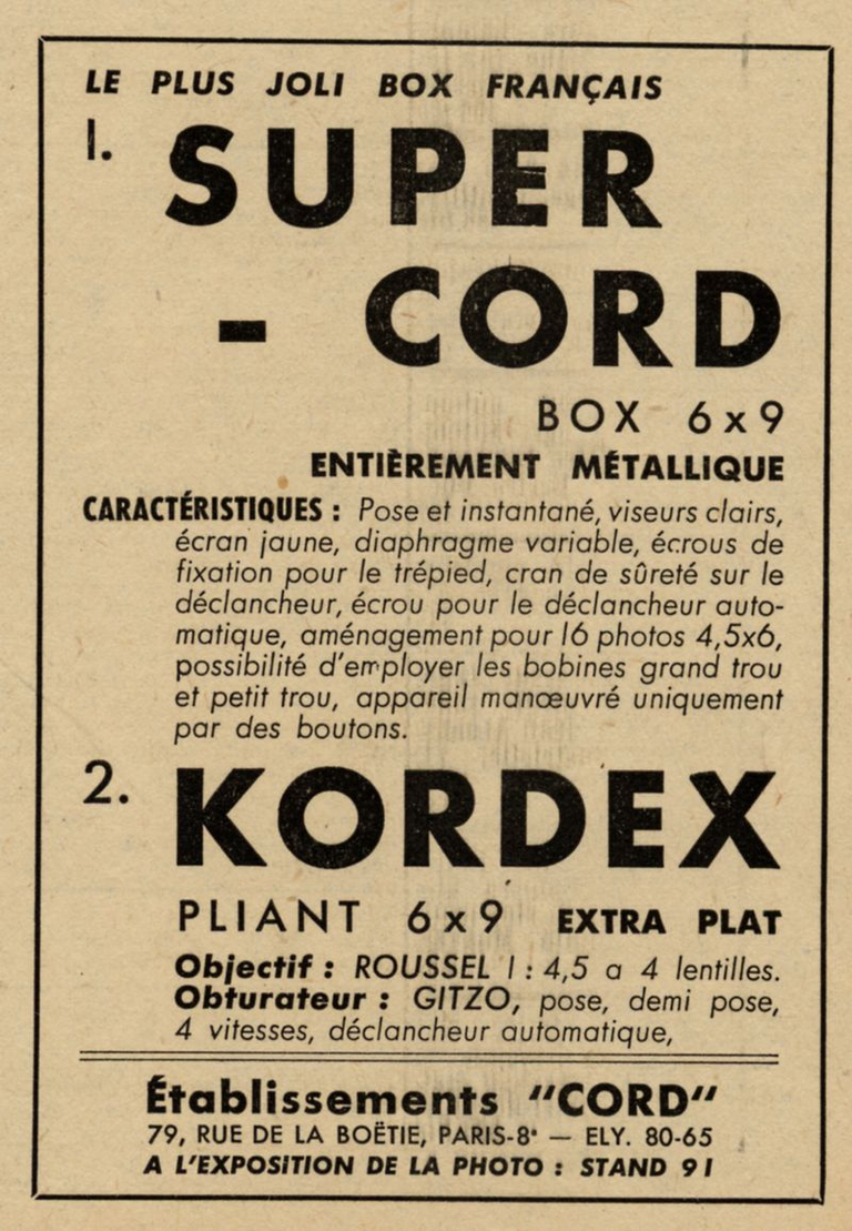 Cord - Super-Cord, Kordex - mars 1946 - Photo Cinéma