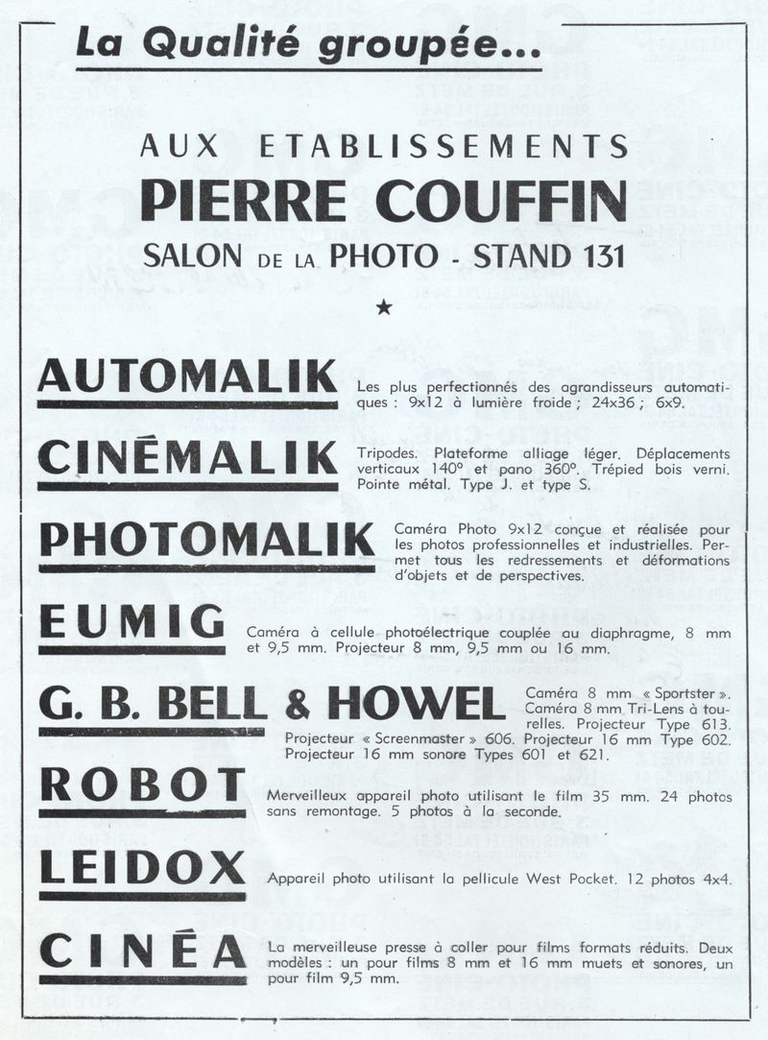 Couffin - Auto-Malik, Ciné-Malik - Photo-Malik, Eumig, Bell & Howell, Robot, Leidox, Cinéa - 1951
