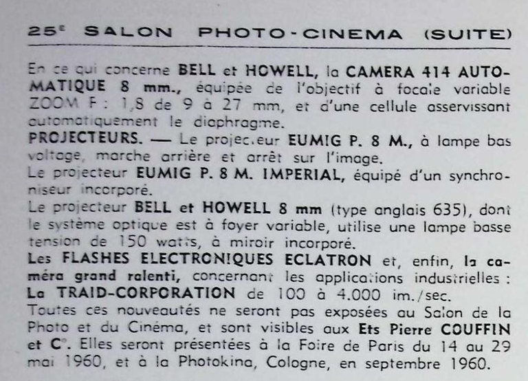Couffin - Caméra Bell & Howell 414 Automatique, Projecteur Eumig P.8 M, Eumig P.8 M Imperial, Bell & Howell type 635, Flash Eclatron - mars avril 1960 - Caméra huit n°15