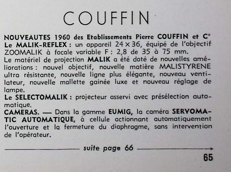 Couffin - Appareil Malik Reflex, Objectif Zoomalik, Projecteur diapo Selectomalik, Caméra Eumig Servomatic Automatique - mars avril 1960 - Caméra huit n°15