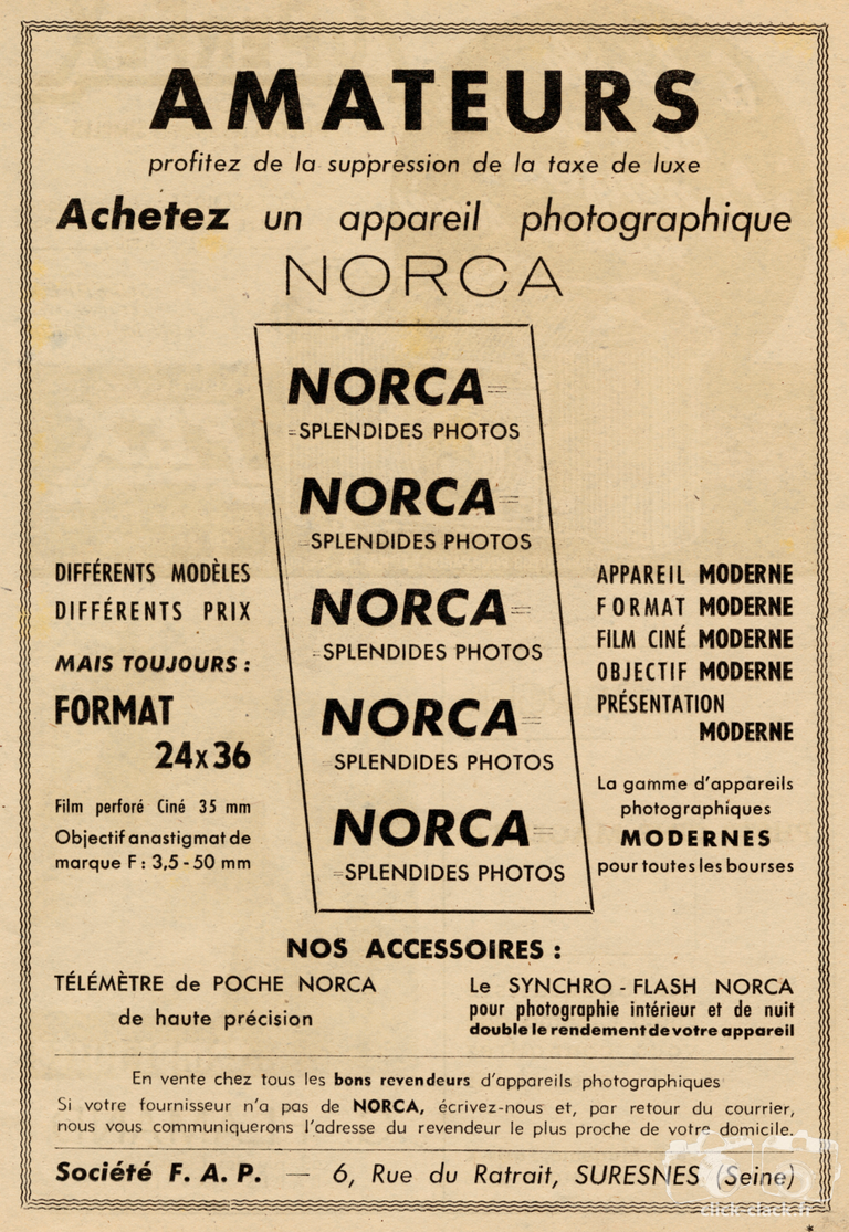 FAP - Norca, Télémètre Norca, Synchro-Flash Norca - avril 1948 - Photo Cinéma