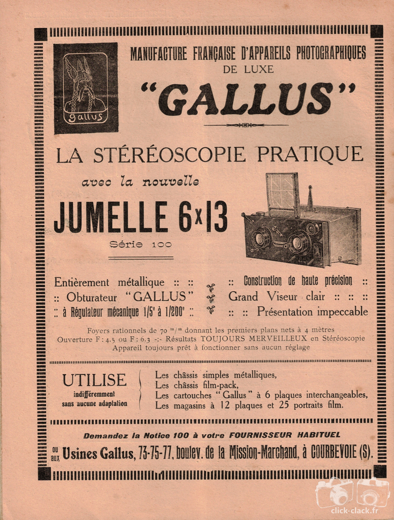Gallus - Jumelle 6x13 série 100 - 15 octobre 1922 - La revue française de photographie n°67