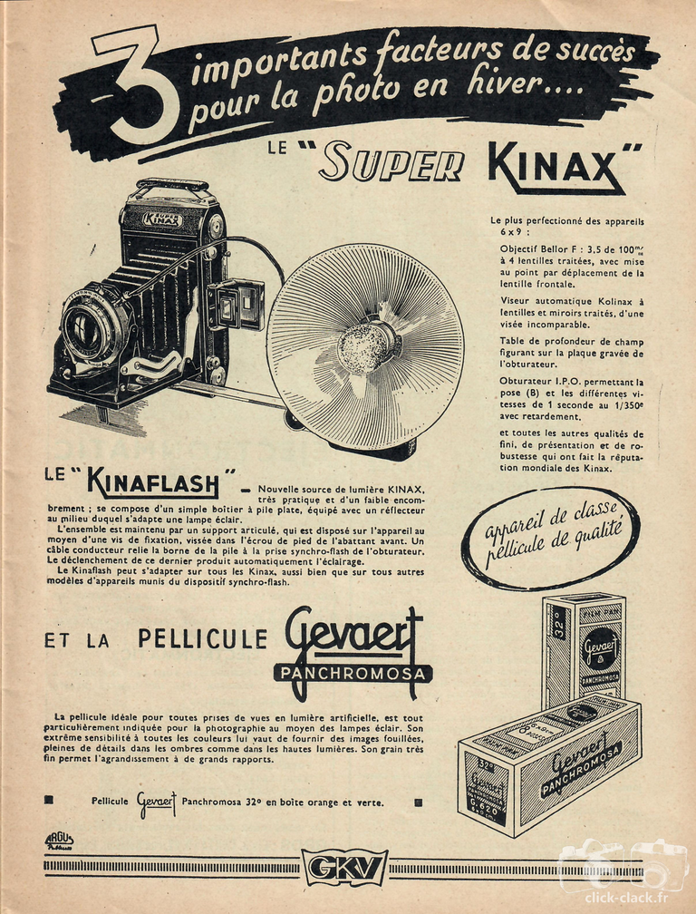 GKV - Super Kinax, Kinaflash, pellicule Gevaert Panchromosa 32° - février 1950 - Photo-Revue